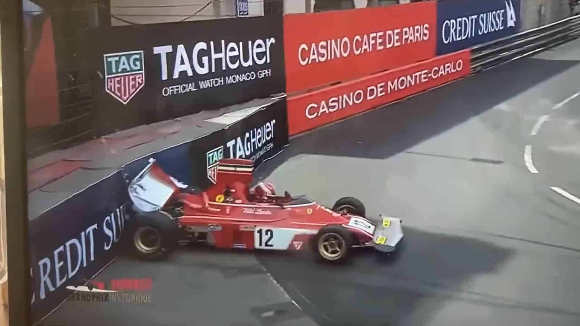 Leclerc a muro con la Ferrari di Lauda durante il GP Monaco Storico [VIDEO]